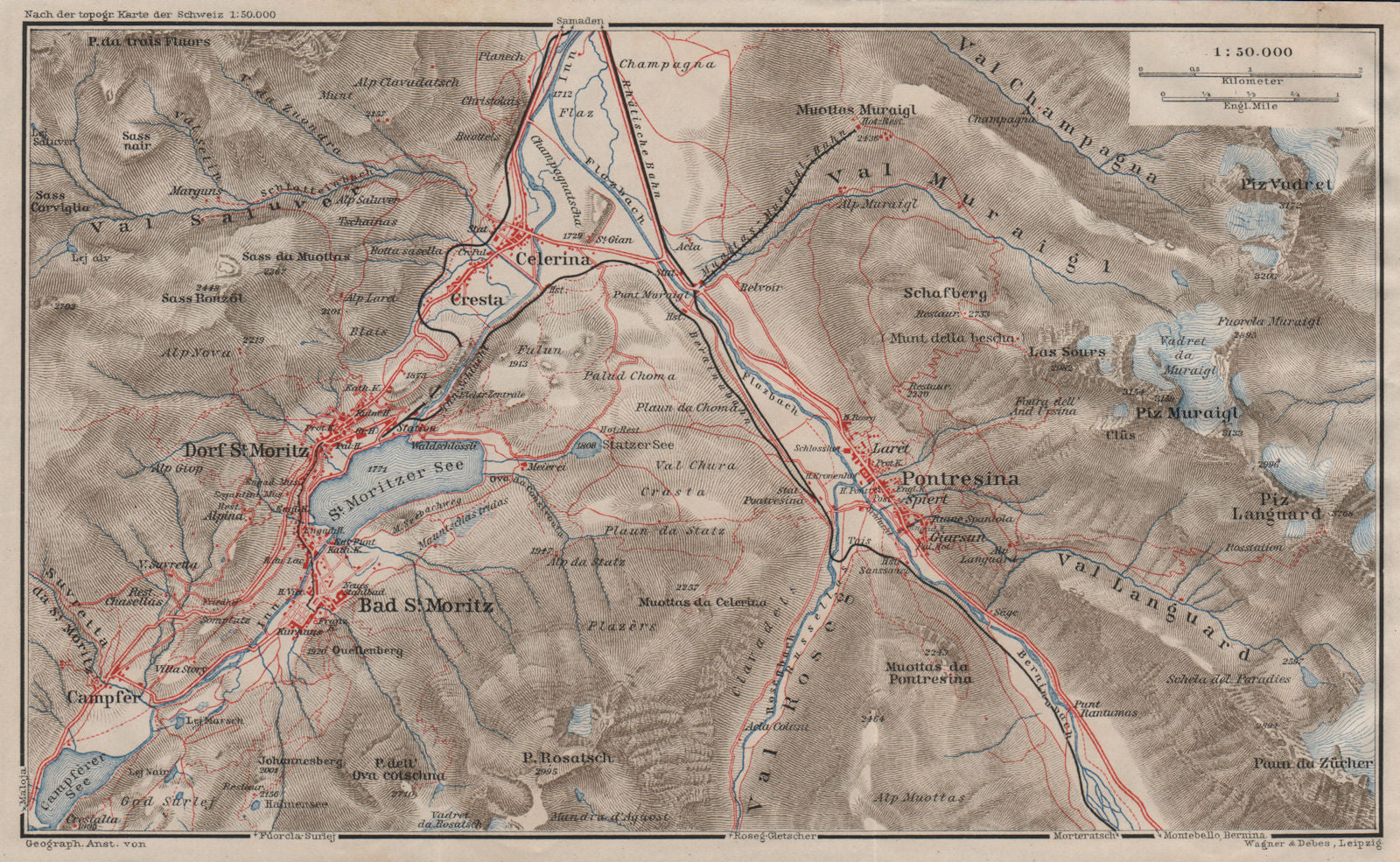 ST MORITZ & PONTRESINA. Celerina Cresta Piz Vadret/Muraigl/Languard 1911 map